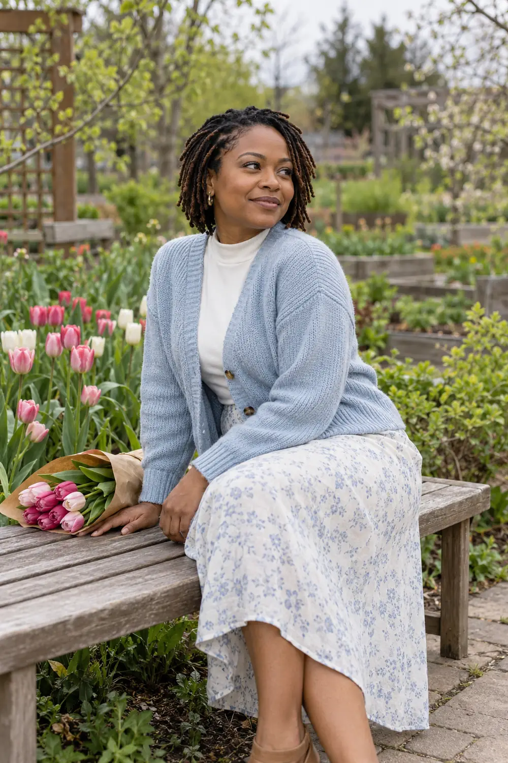 A woman with short locs sits on a wooden bench among tulips, wearing a pale blue cardigan and floral midi skirt beside a paper-wrapped bouquet.