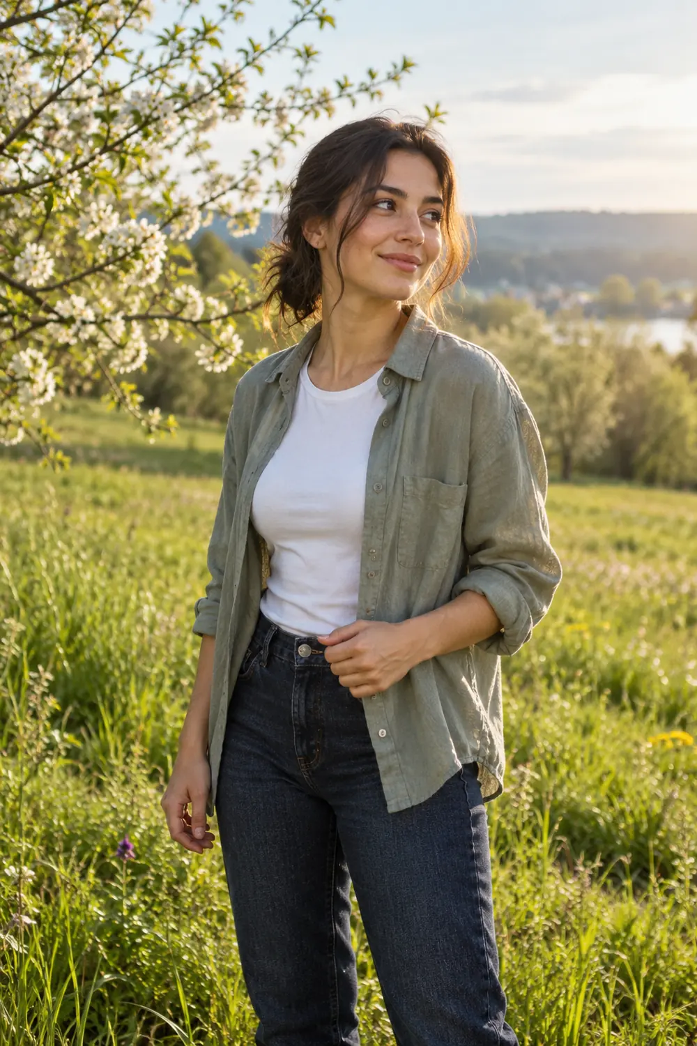 An adult woman in a sage linen overshirt, white tee, and dark jeans stands among new grass and early wildflowers beneath blossoming branches.