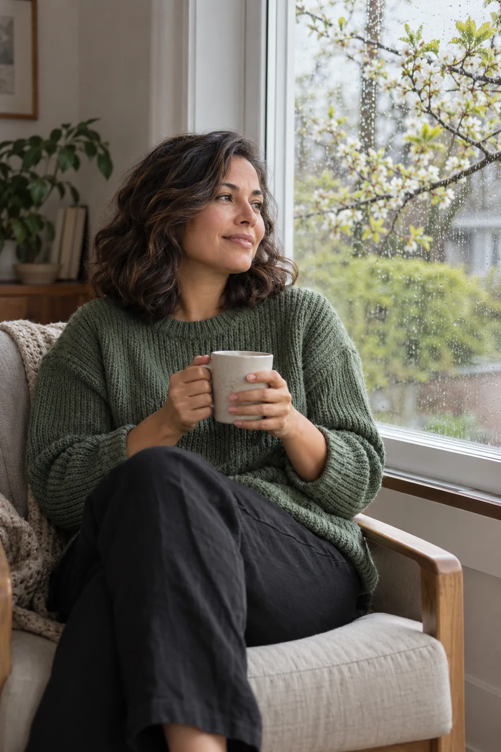 A woman in a muted green sweater sits in a cushioned chair, holding a ceramic mug with both hands beside a rain-speckled window and blossoming branches.