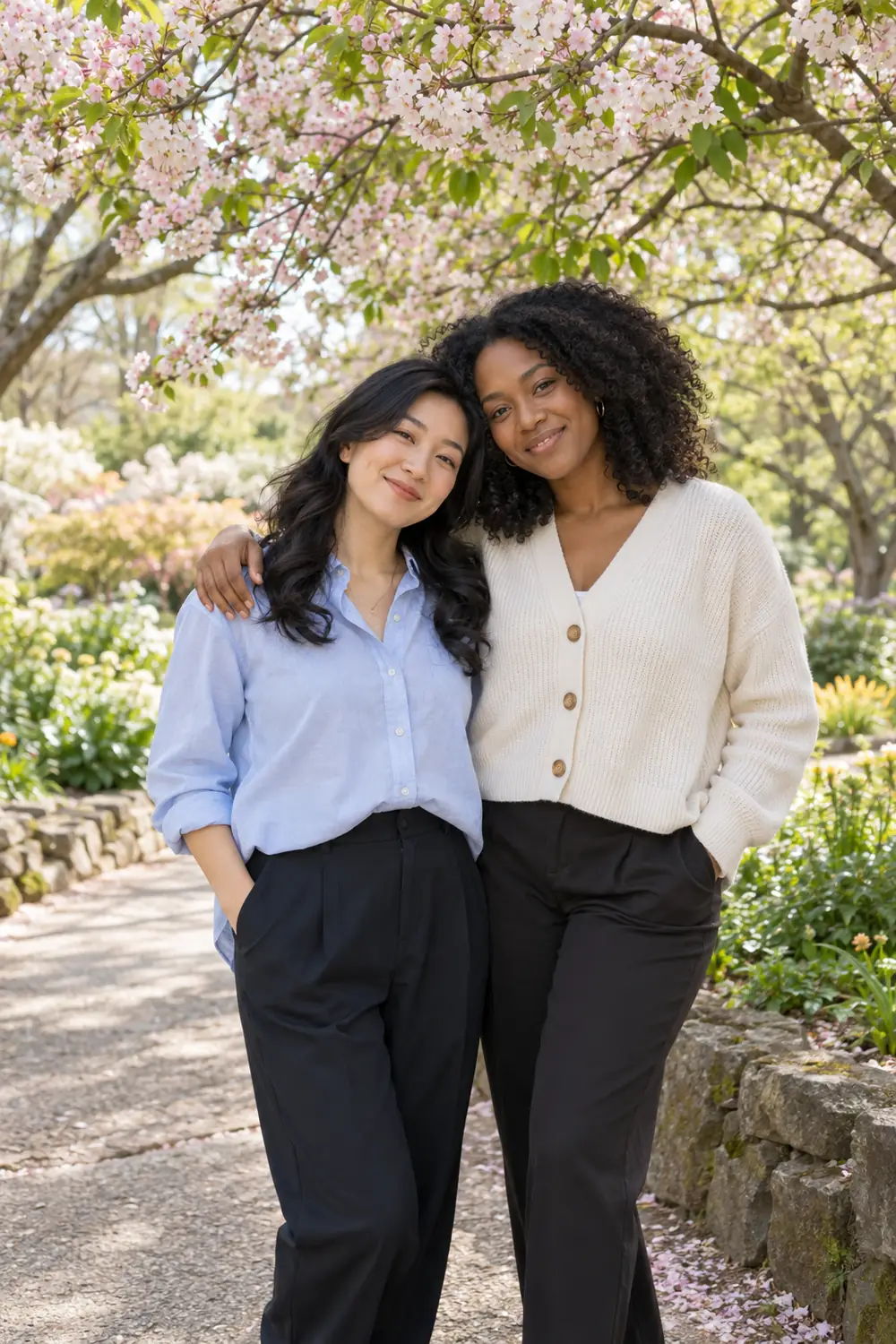 Two adult women in light spring layers standing arm in arm beneath pink blossoms on a garden path.