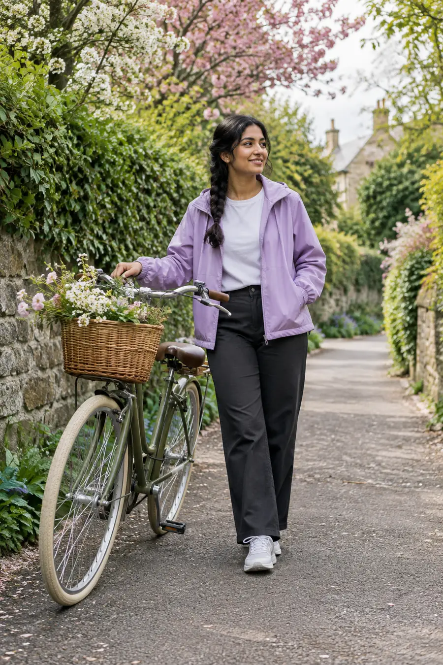 A woman in a lilac jacket stands beside a bicycle on a leafy spring garden lane.