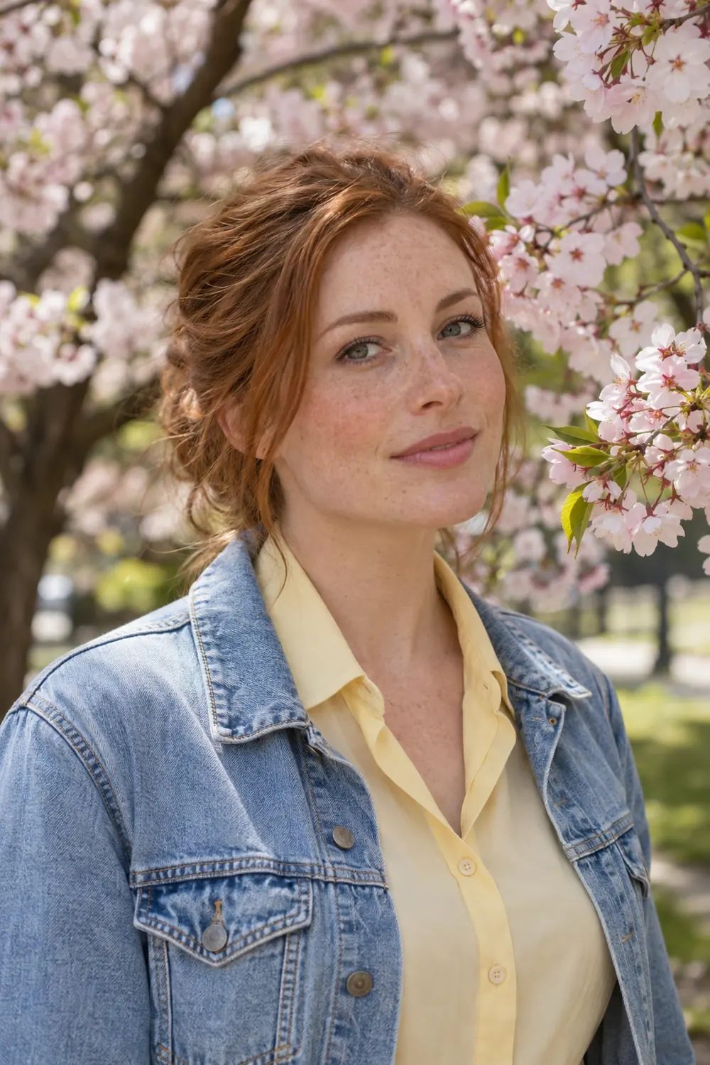 A freckled adult woman with tied back auburn hair wears a pale yellow blouse and denim jacket among soft pink cherry blossoms.