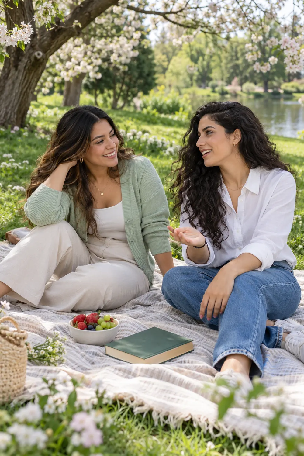 Two adult women in light spring layers sit angled toward each other on a picnic blanket, talking beneath flowering branches, with a closed book and bowl of fruit nearby.