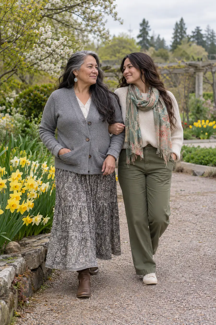 An older woman and younger woman walking arm in arm on a garden path beside daffodils and fresh greenery.