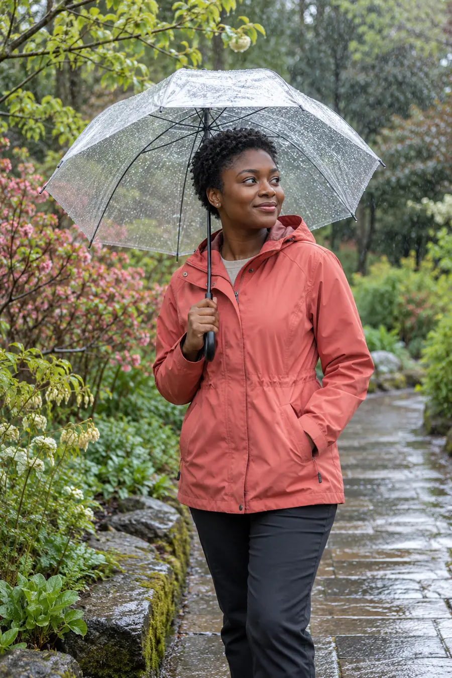 An adult woman in a coral rain jacket stands beneath a rain-speckled clear umbrella on a spring garden path, surrounded by fresh greenery and budding shrubs.