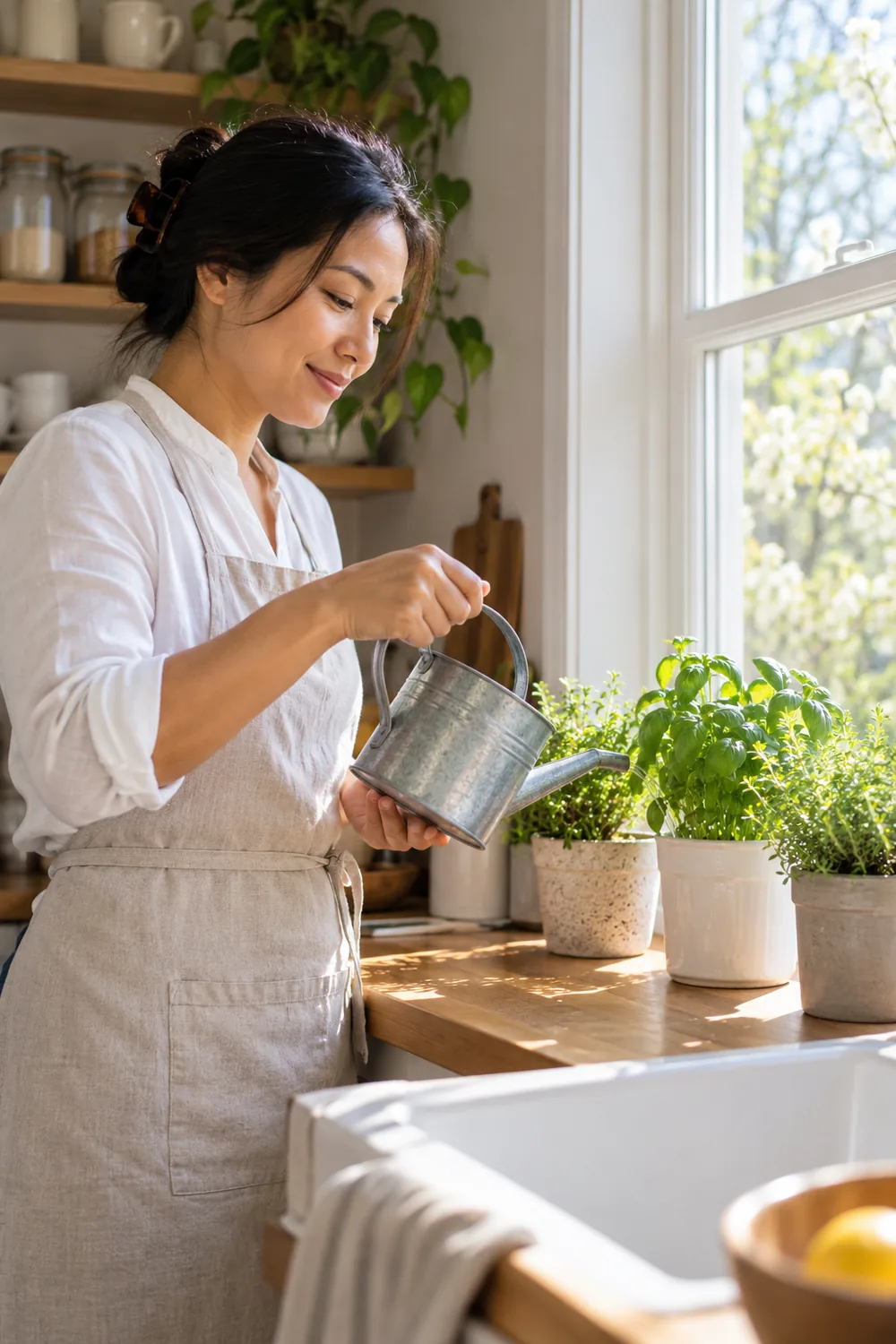 A woman in a white shirt and cotton apron waters fresh herbs in pots beside a bright kitchen window.