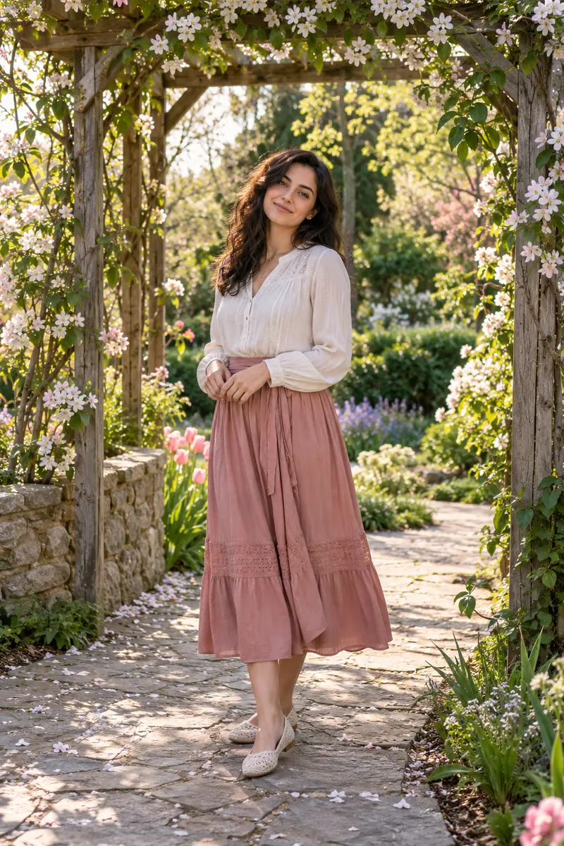 A woman in a cream blouse and dusty rose midi skirt stands beneath a blossom-covered wooden garden arbor.