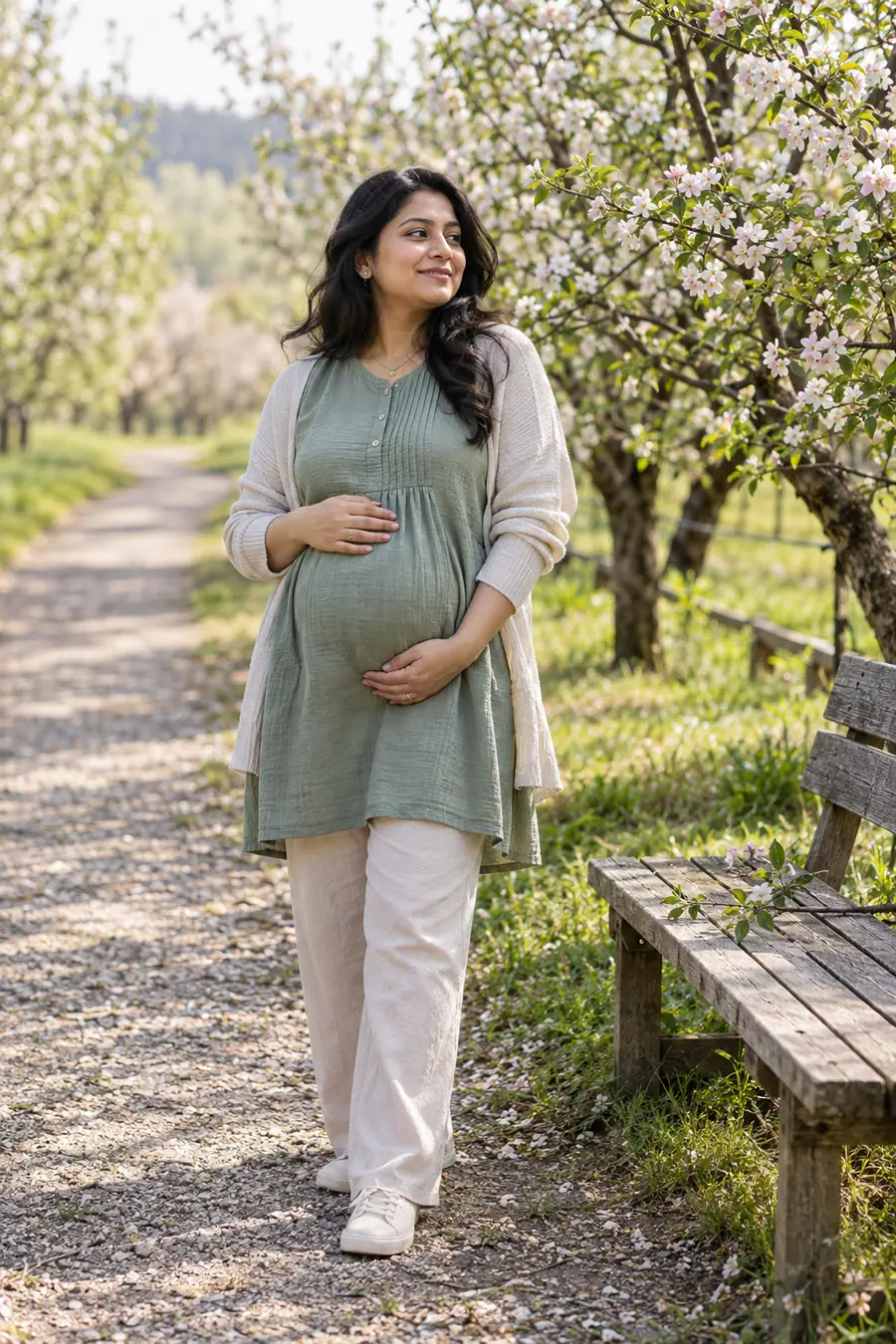 A visibly pregnant woman in sage maternity clothes standing on a path in a flowering orchard beside a wooden bench.