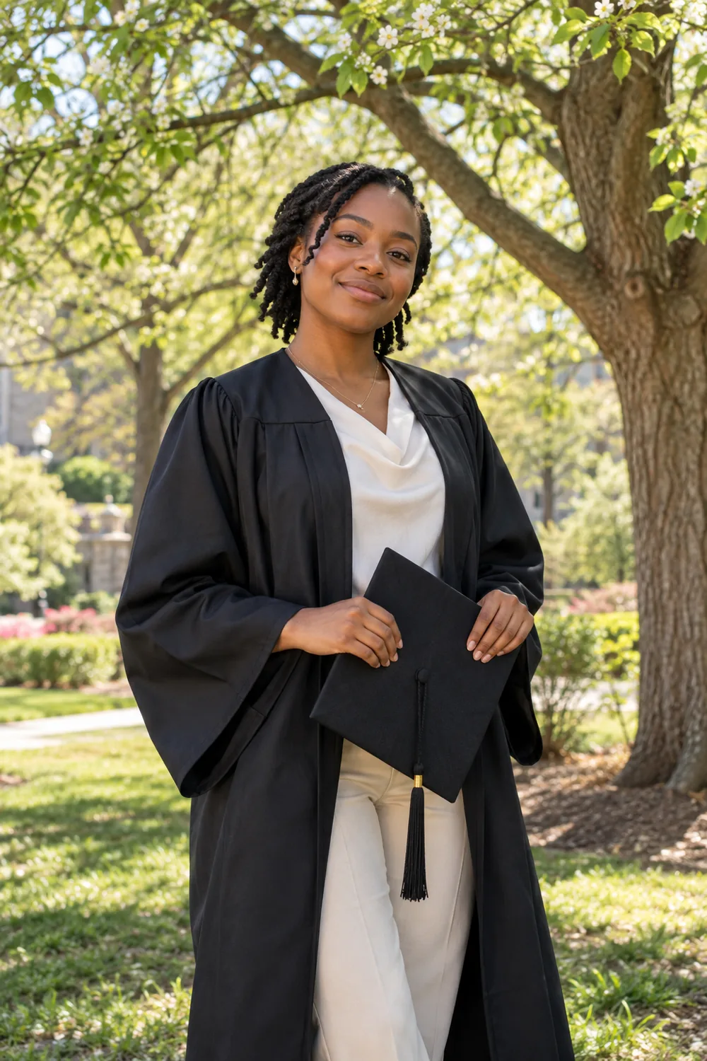 A Black adult graduate in a dark gown holding a graduation cap beneath a leafy tree in a sunlit spring garden.
