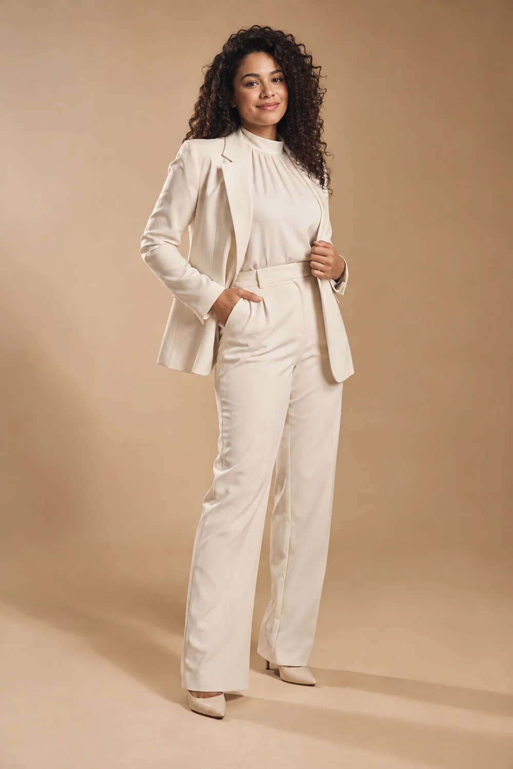 Full-length portrait of a curly-haired adult woman in a cream trouser suit, standing against a warm beige studio backdrop.