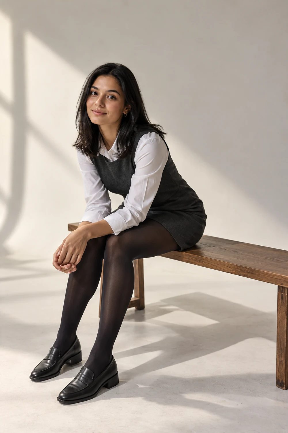 A woman in a charcoal dress layered over a white shirt sits leaning forward on a narrow wooden bench as diagonal shadows cross the pale studio backdrop and floor.