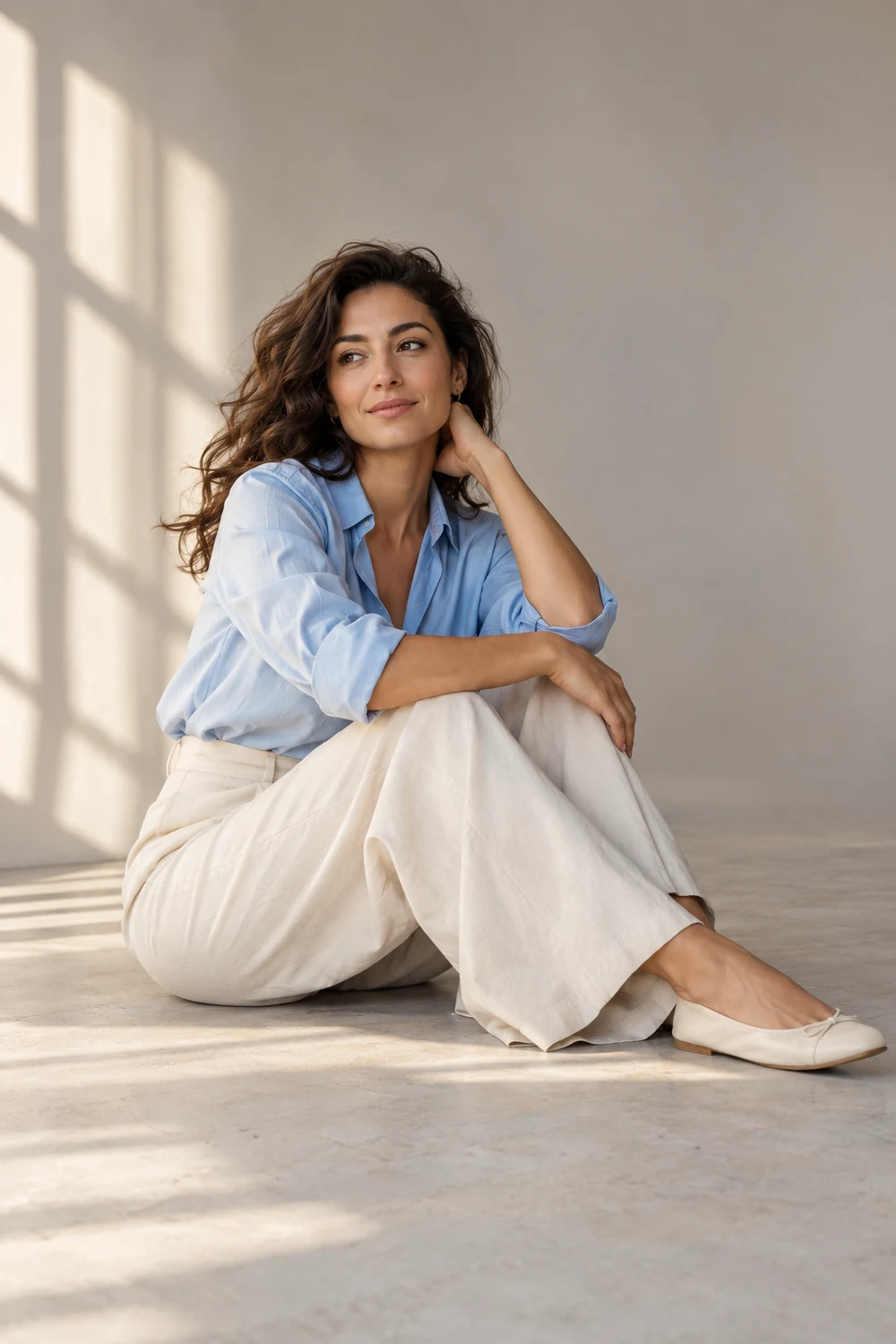 Adult woman in a pale blue blouse and wide-leg trousers seated on a studio floor in soft window light.