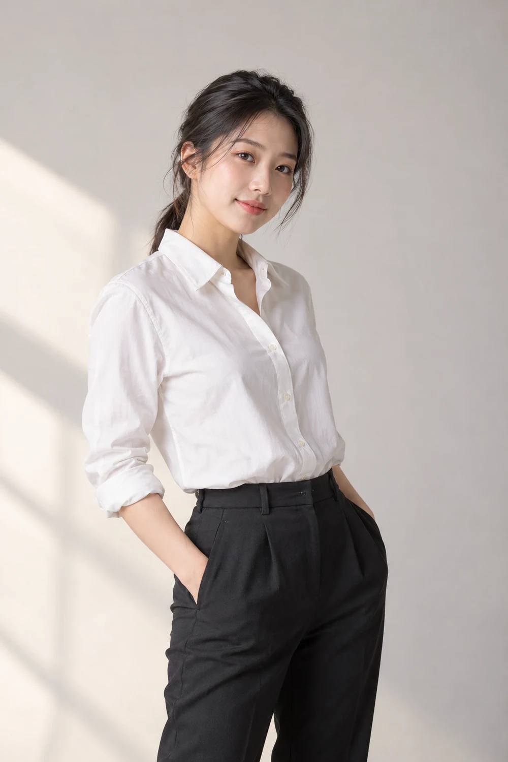 Adult East Asian woman in a white collared shirt and dark trousers, standing against a pale studio backdrop with soft side lighting.