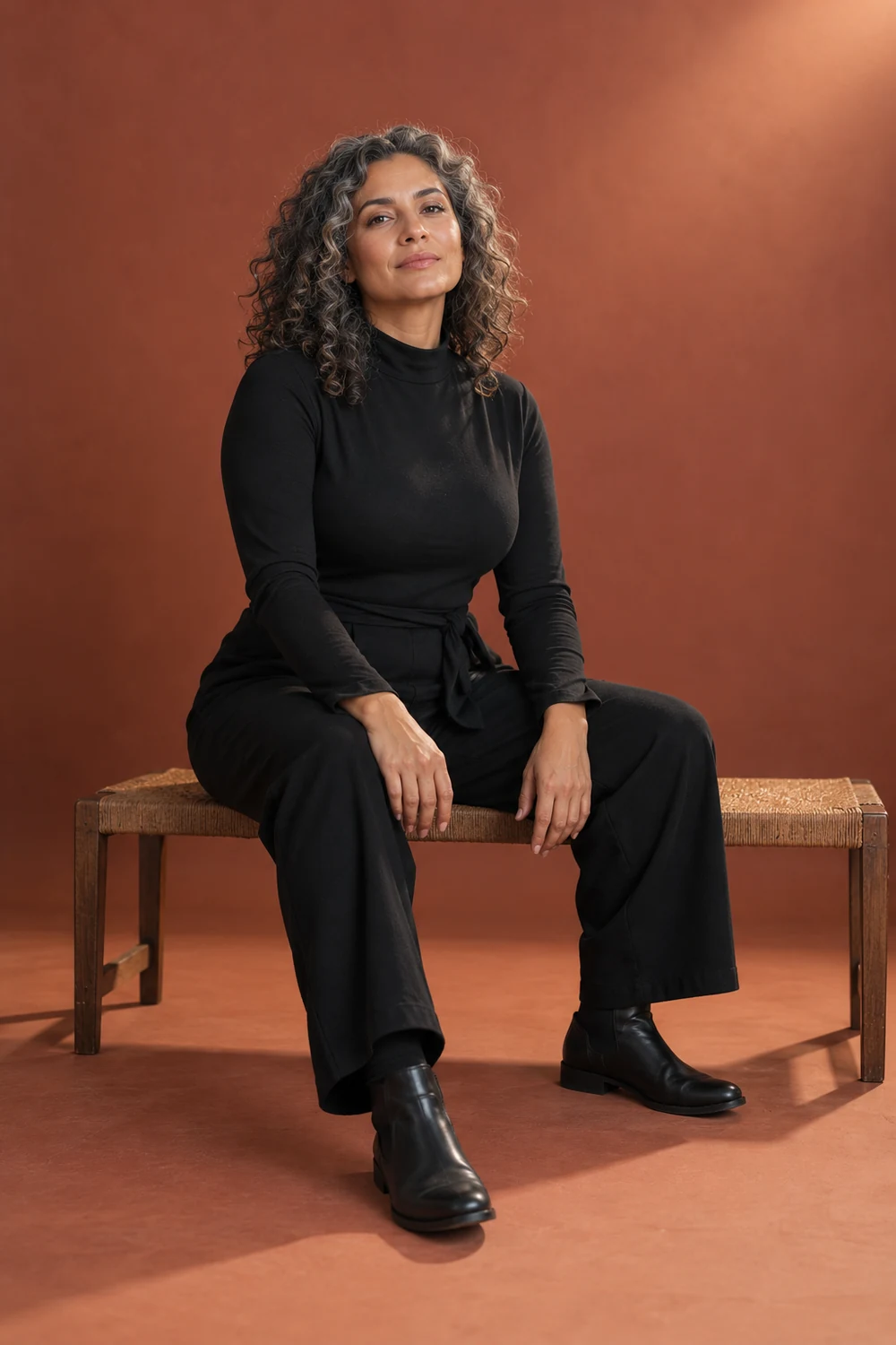 A woman with salt-and-pepper curls in a black jumpsuit sits on a wooden bench against a terracotta studio backdrop.