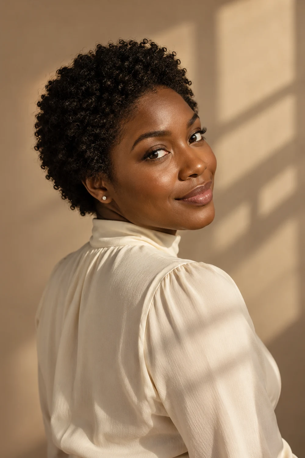 Adult Black woman in a cream high-neck blouse looking back toward the camera, with soft patterned light and shadows across a warm neutral studio backdrop.