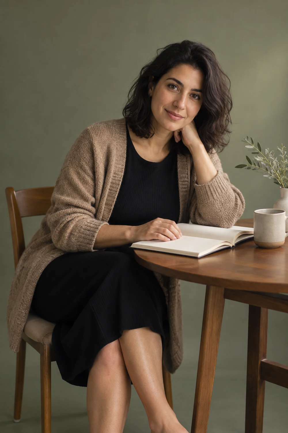 Adult woman in a tan cardigan and dark dress seated by a wooden table with an open blank book in a sage studio.