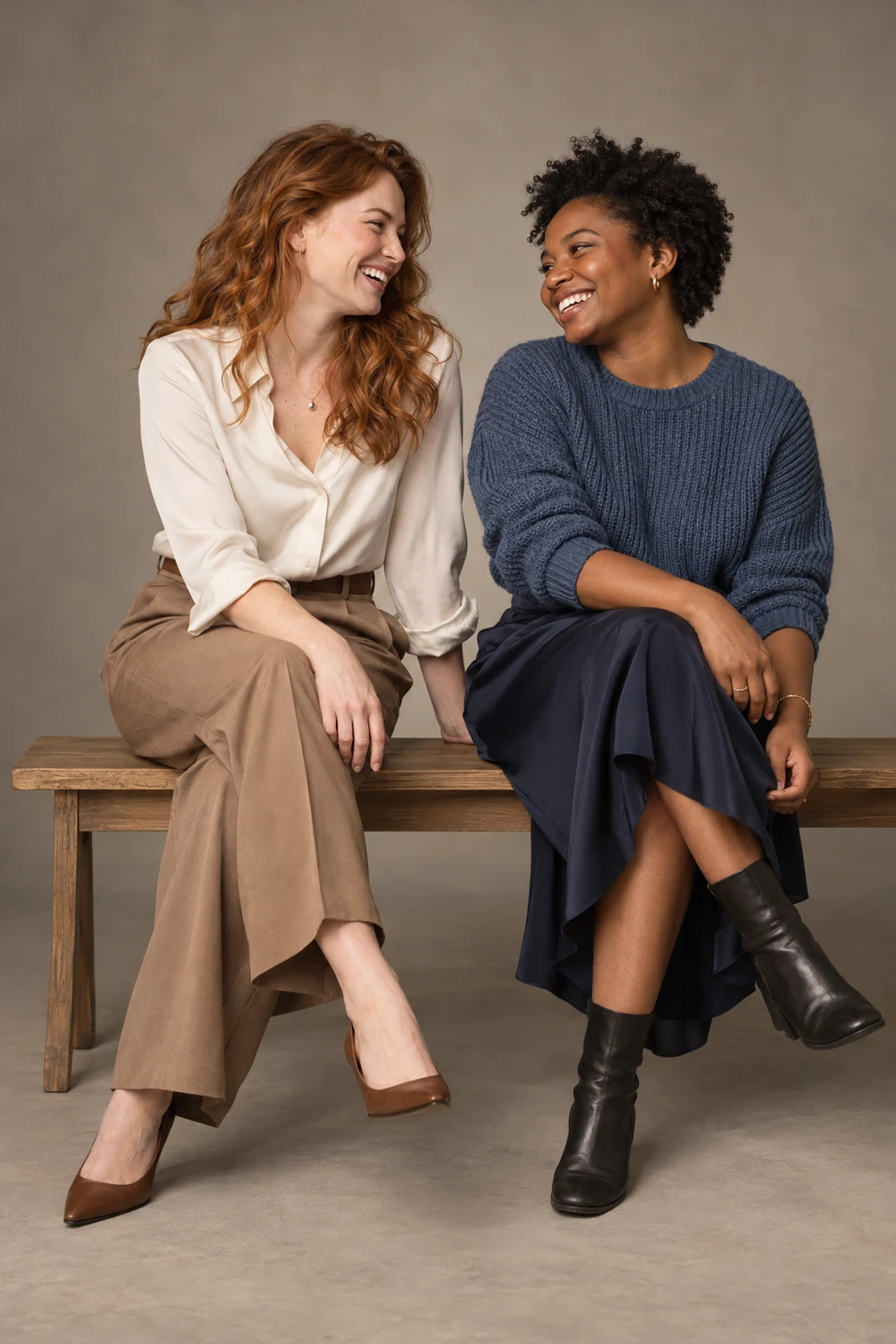 Two adult women laughing together on a wooden bench in a warm-gray studio, one in an ivory blouse and trousers and the other in a blue knit top and dark skirt.