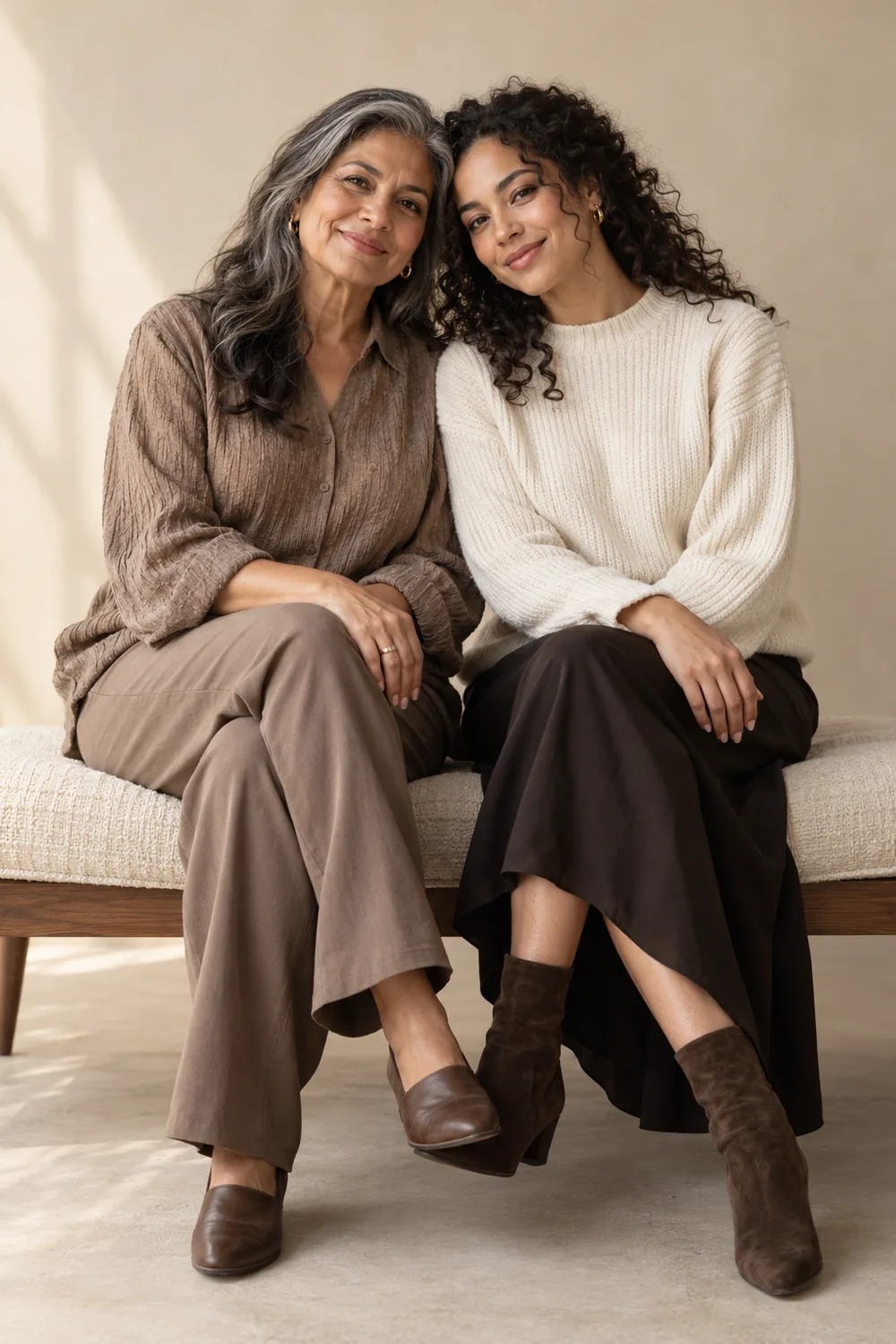 A silver-haired woman in taupe and a curly-haired woman in a cream knit sit close together on a low bench in a softly lit studio portrait.