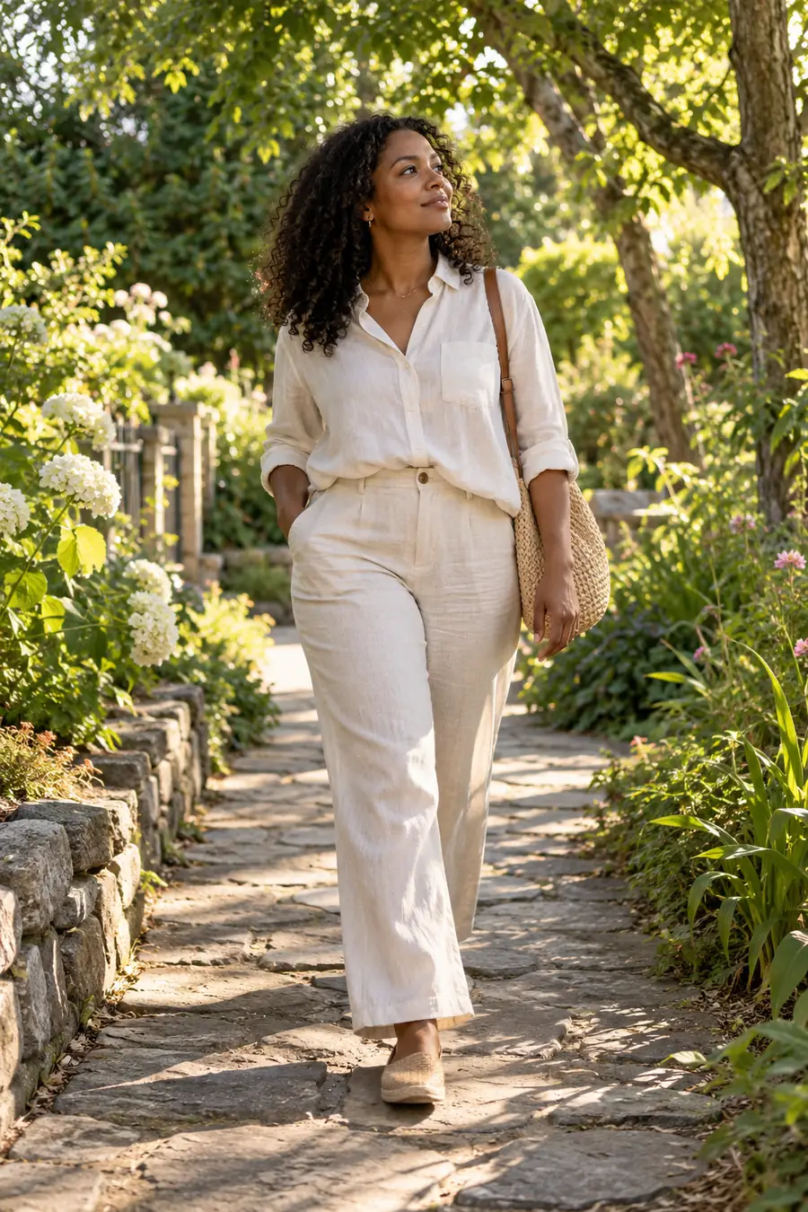 A dark-skinned woman with curly hair walks along a leafy stone garden path in a pale linen shirt, full-length trousers, flat shoes, and a woven shoulder bag.