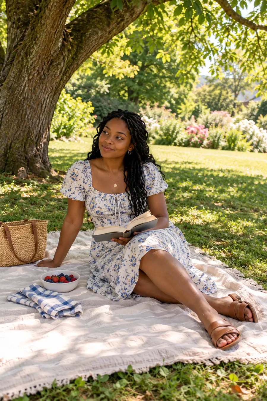A woman in a floral dress sits on a picnic blanket beneath a tree, holding a book beside a bowl of berries and a folded napkin.