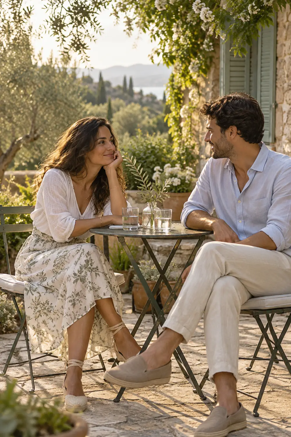 An adult woman and man in light summer clothes sit facing each other at a small garden café table with water glasses and a leafy sprig.