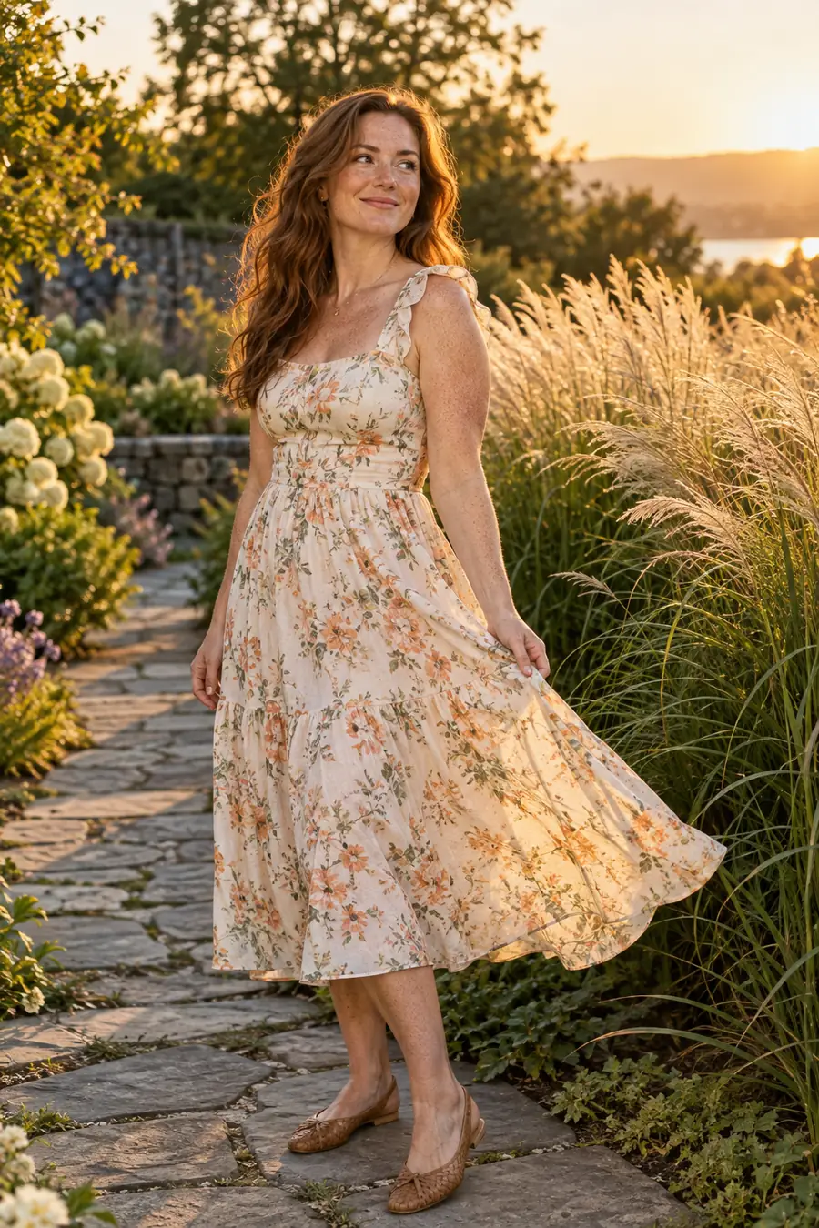 A freckled adult woman in a flowing floral midi dress gently holds her skirt on a garden path beside tall ornamental grasses, lit by the evening sun.