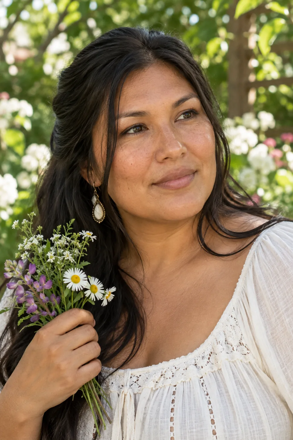 A close garden portrait of an adult woman in a light blouse holding small wildflowers near her shoulder and looking just past the camera.