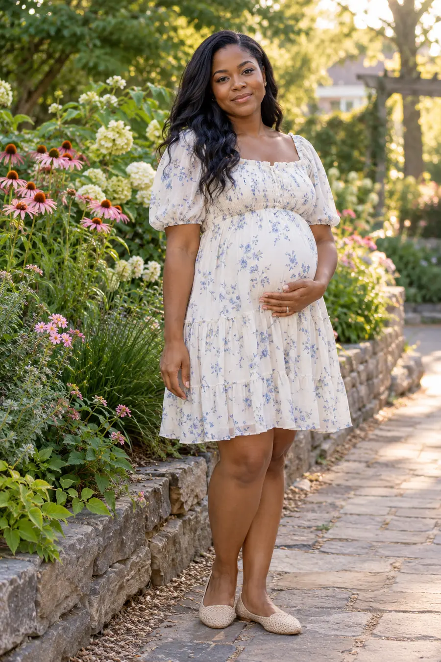 A visibly pregnant Black woman stands beside a flower border in a pale floral maternity dress, one hand resting on her covered belly.