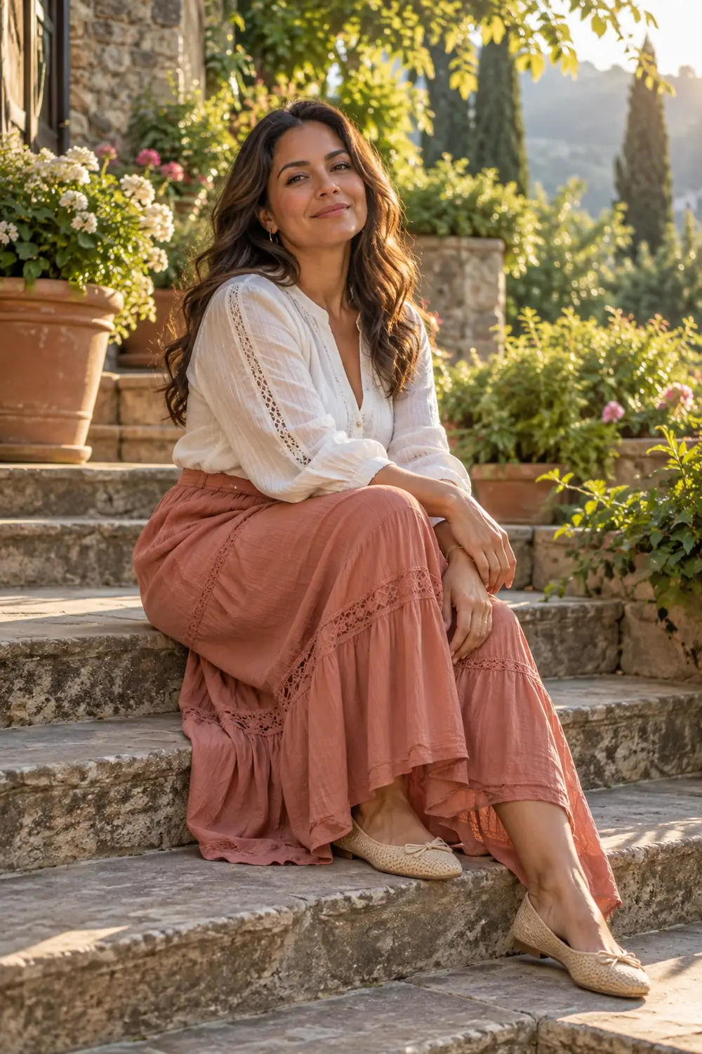 An adult woman in a light blouse and flowing rose-colored skirt sits on broad garden steps among flowers in warm evening sunlight.