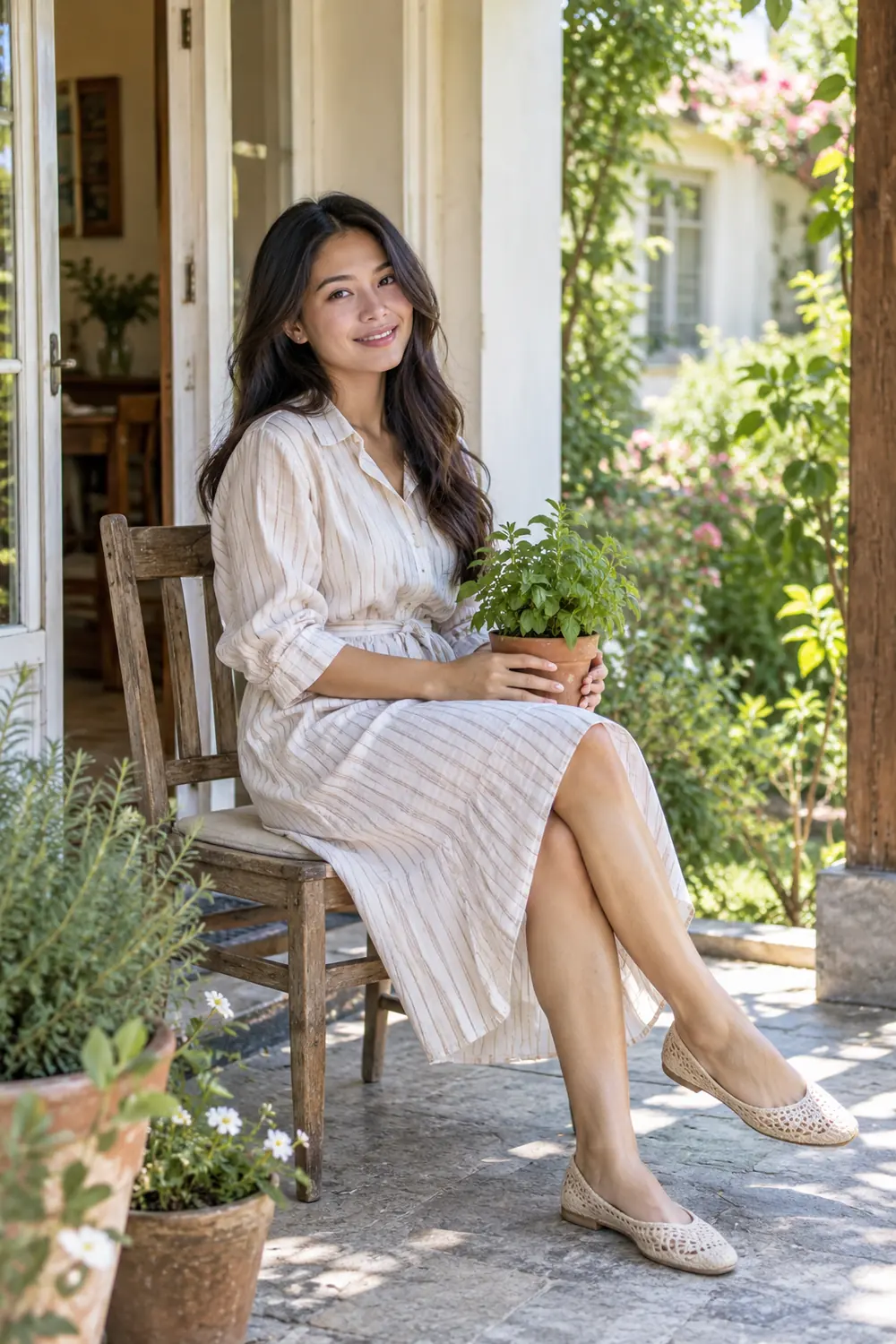 An adult woman in a light shirt dress sits sideways on a porch chair beside an open doorway, holding a potted herb as greenery fills the background.
