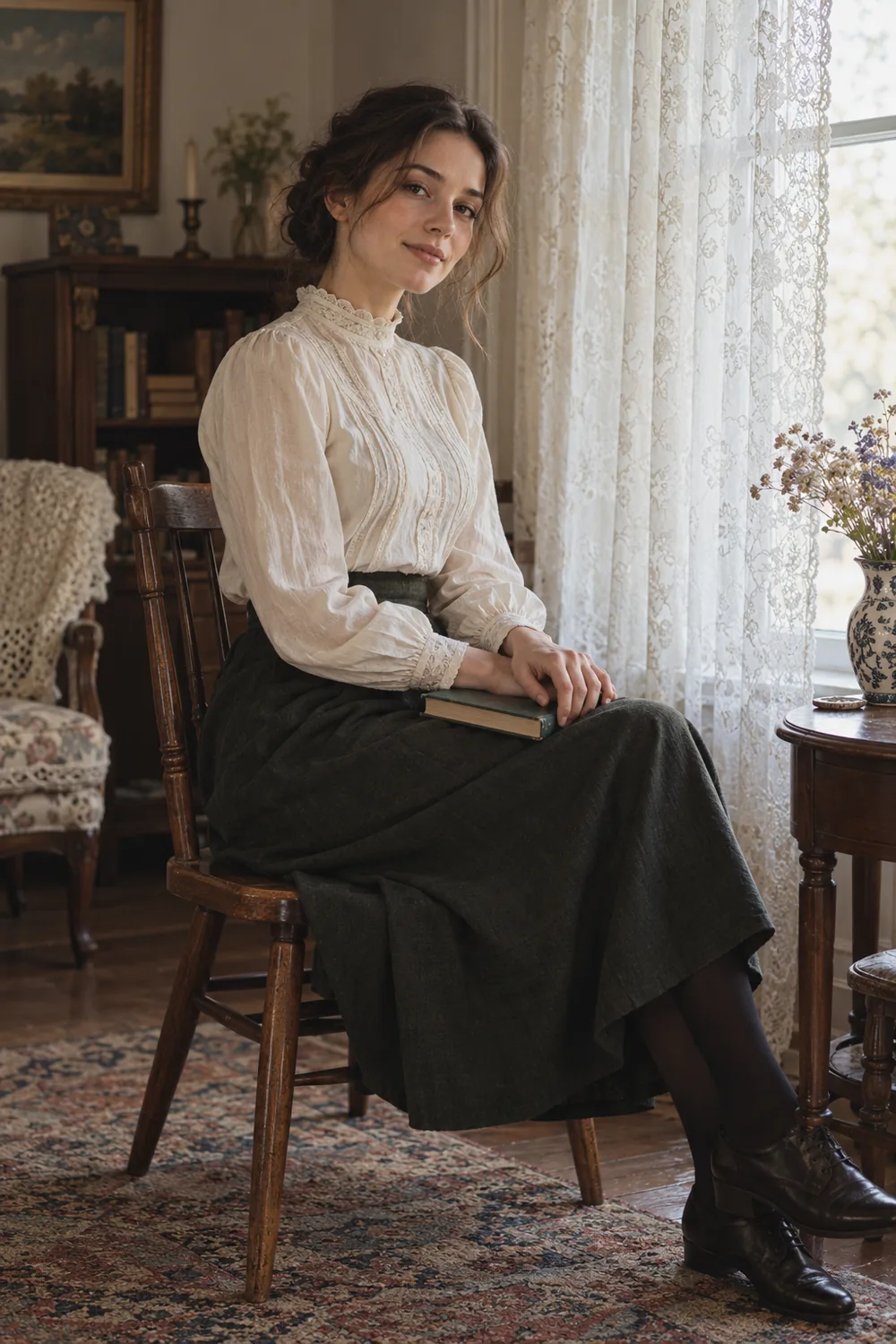 A woman in a cream blouse and long dark skirt sits on a wooden chair beside a lace-curtained window, with a closed book in her lap.