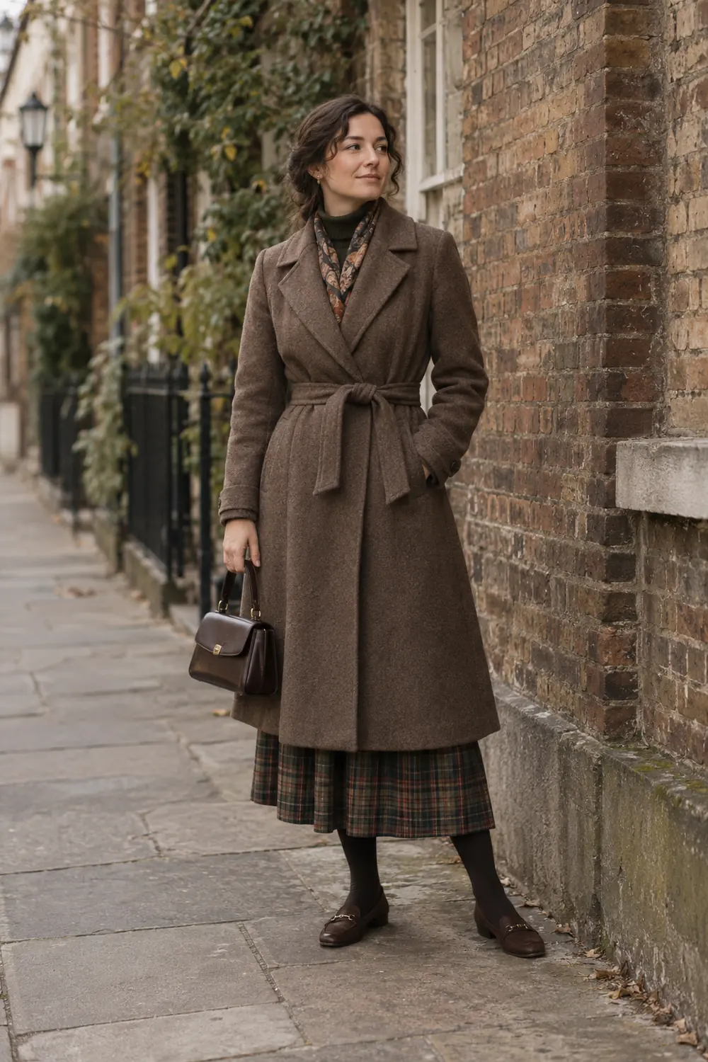 A woman in a belted brown wool coat, plaid long skirt, tights, and flat shoes stands beside an aged brick wall, holding a small handbag.