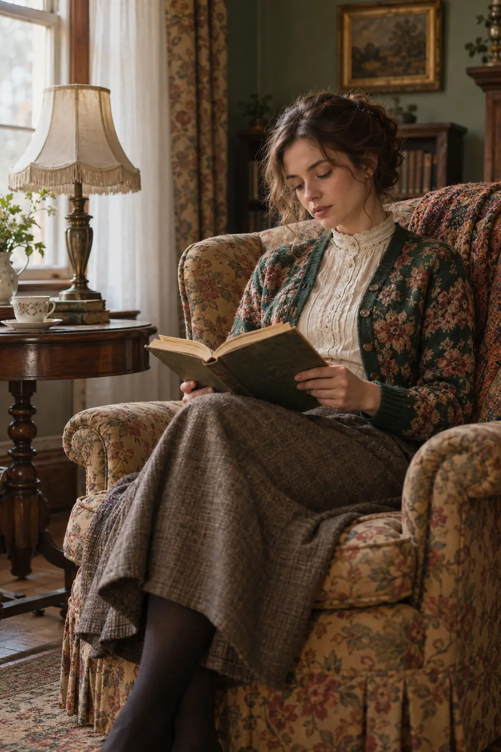 A woman in a patterned cardigan and calf-length skirt reads an open book in a floral armchair beside a small table and lamp.