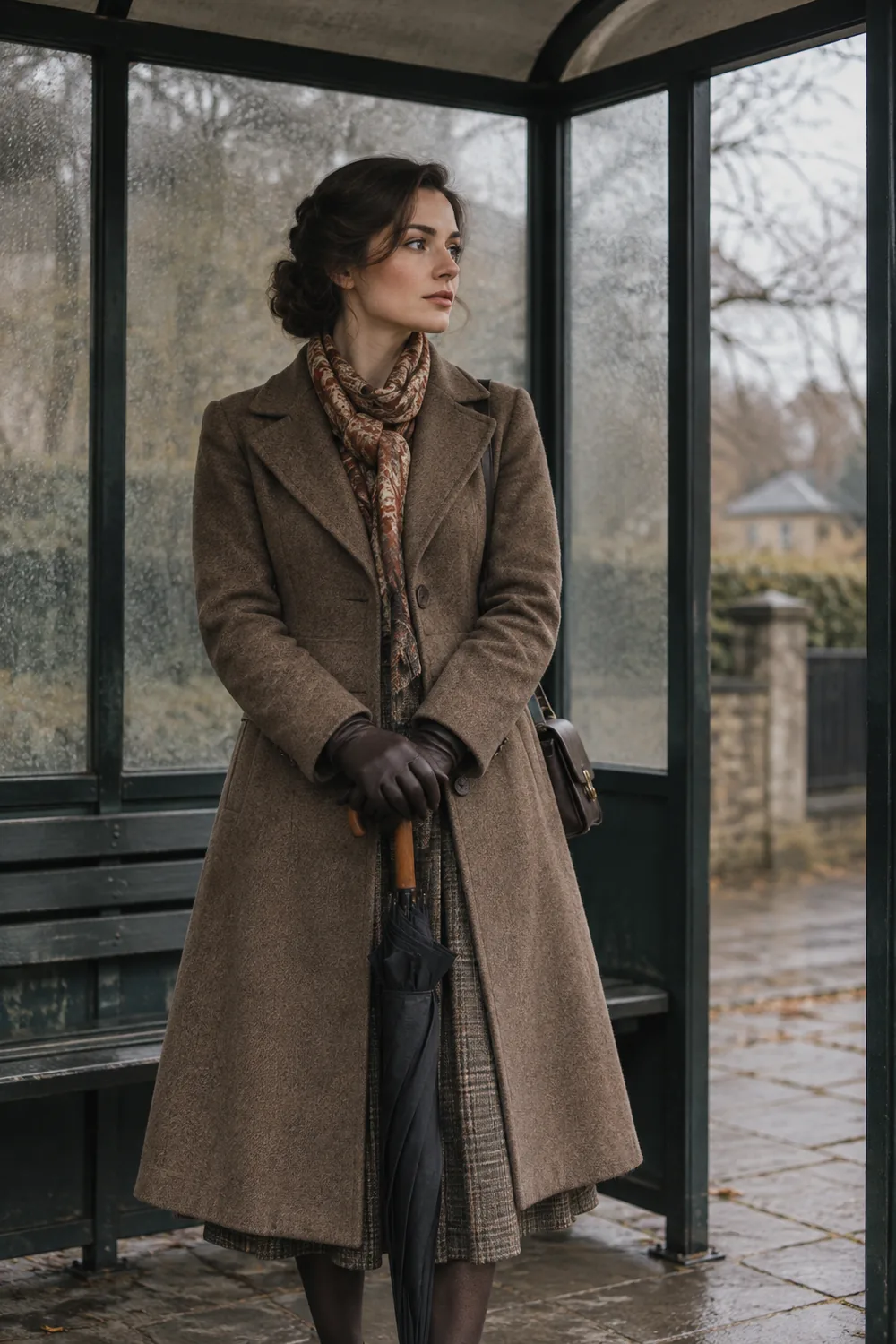 A woman in a brown coat and patterned scarf holds a closed umbrella inside an empty glass bus shelter.