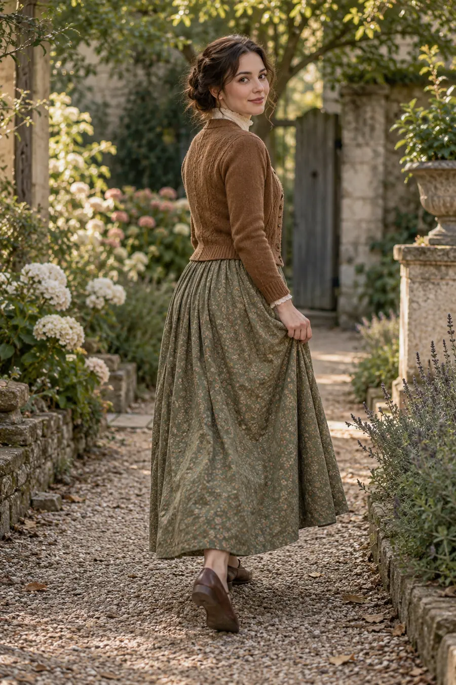 A woman in a brown cardigan and long muted floral skirt glances back while stepping along a leafy garden path.