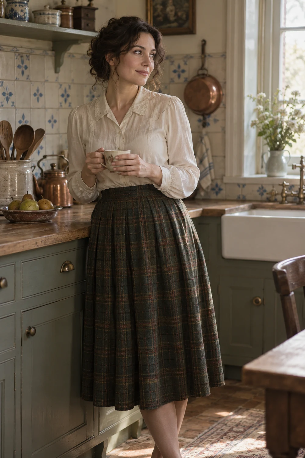 A woman in a cream collared blouse and plaid skirt leans against a tiled kitchen counter, holding a ceramic teacup in both hands beside a sunlit window.