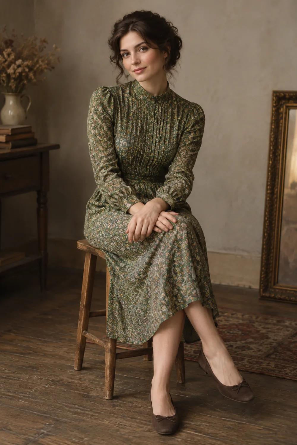 A woman in a long-sleeved floral dress sits on a wooden stool in a softly lit room with a neutral wall and vintage furnishings.