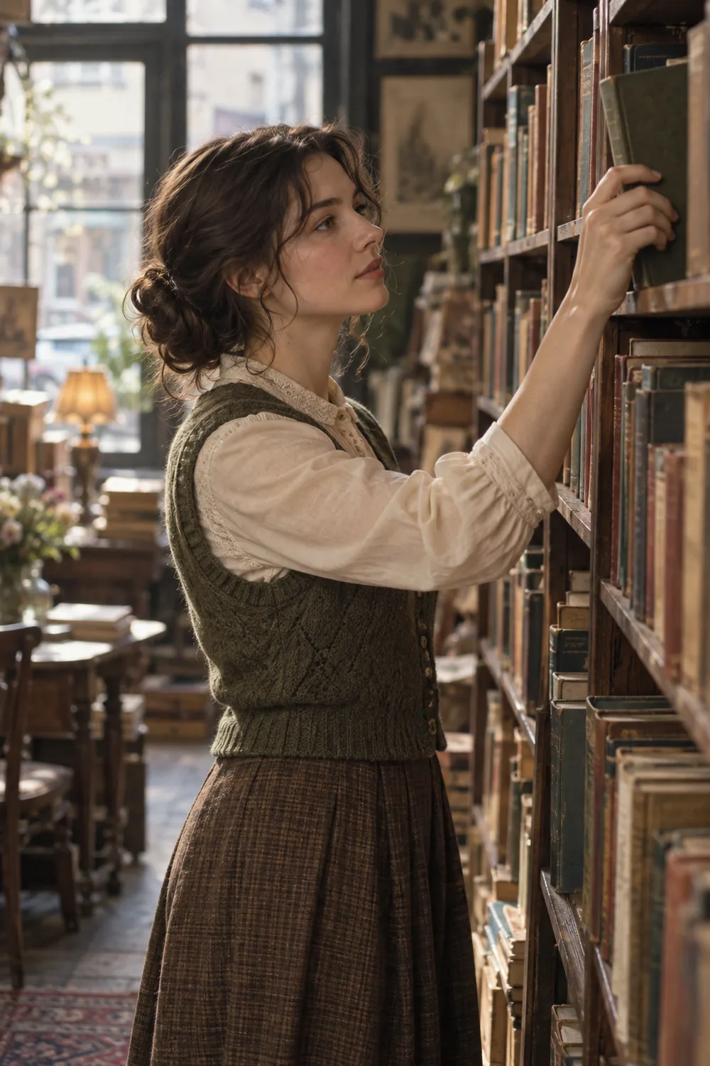 A woman in a cream blouse and knit vest reaches for a book on a shelf in a warmly lit bookshop.
