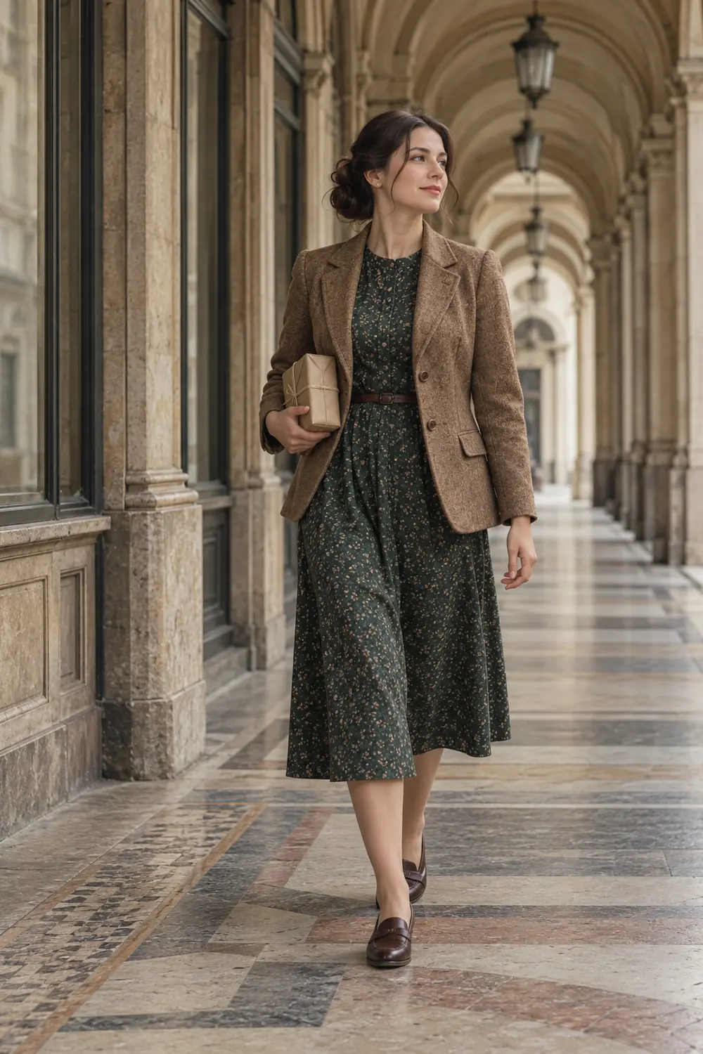 A woman in a brown tailored jacket and dark patterned midi dress walks through a covered stone arcade holding a small paper parcel.