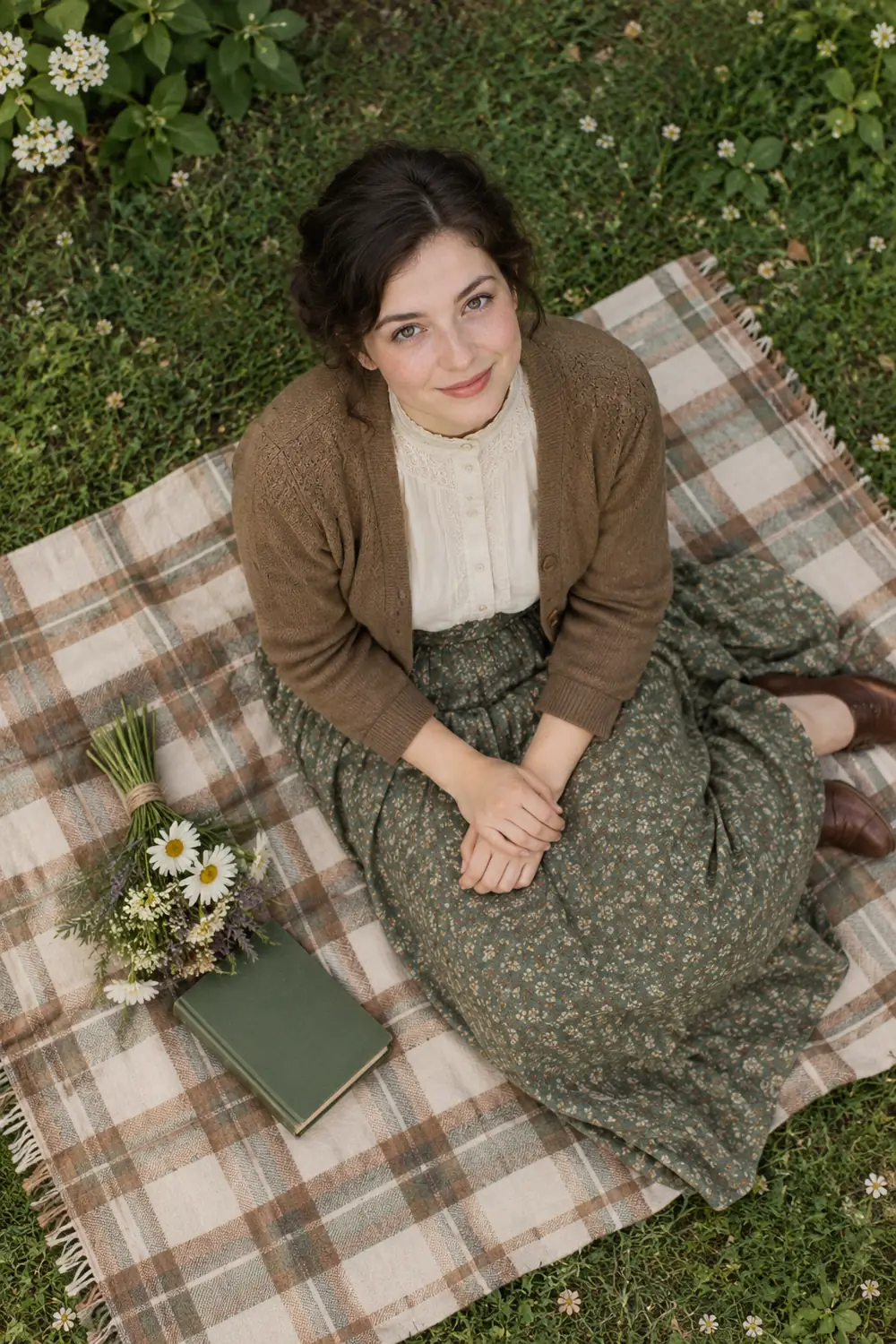 An adult woman in a brown cardigan, white high-neck blouse, and long floral skirt sits on a checked blanket in a grassy garden, with a closed book and small bouquet beside her.