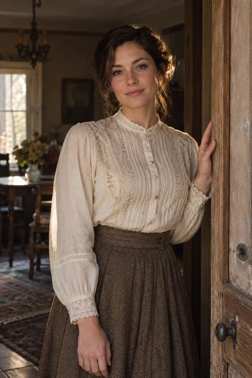 A woman in a cream blouse and brown skirt stands beside a wooden doorway in a softly lit vintage-style room.