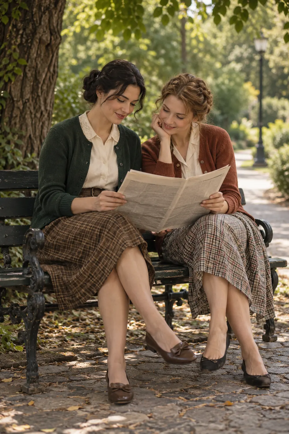 Two adult women in vintage-inspired cardigans and patterned skirts sit close together on a park bench, reading a newspaper in leafy shade.