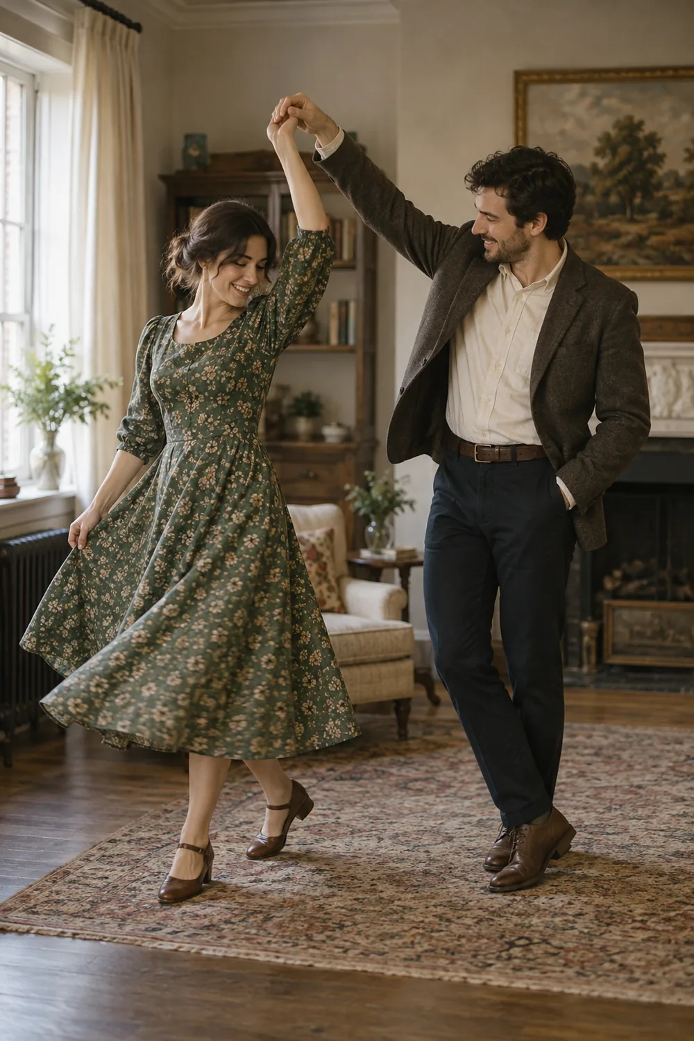 A woman in a floral tea-length dress and a man in a brown jacket dance together in a softly lit living room.