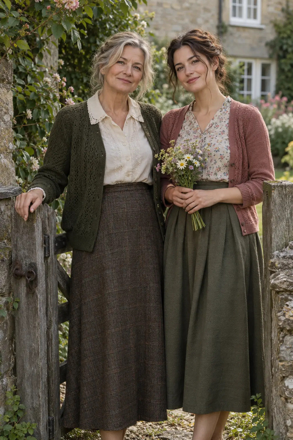 An adult mother and daughter in vintage-inspired cardigans and long skirts pose at a garden gate; the daughter holds a bouquet while her mother rests a hand on the gate.