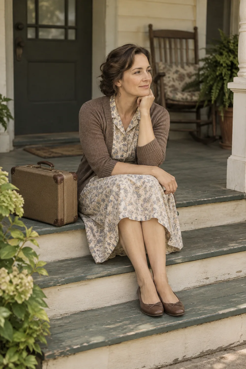 A woman in a floral dress and cardigan sits on porch steps beside a small suitcase, looking toward the yard.