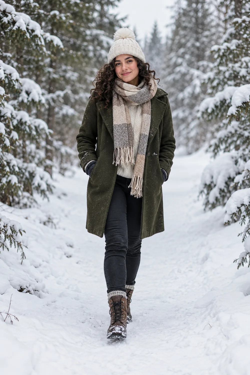 An adult woman in a dark wool coat, light knit hat, scarf, trousers, and winter boots walking on a snowy path between evergreen trees.