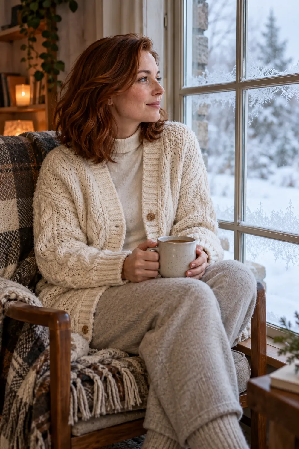 A red-haired woman in a cream knit cardigan sits in a wooden chair beside a frosted window, holding a mug and looking outside.