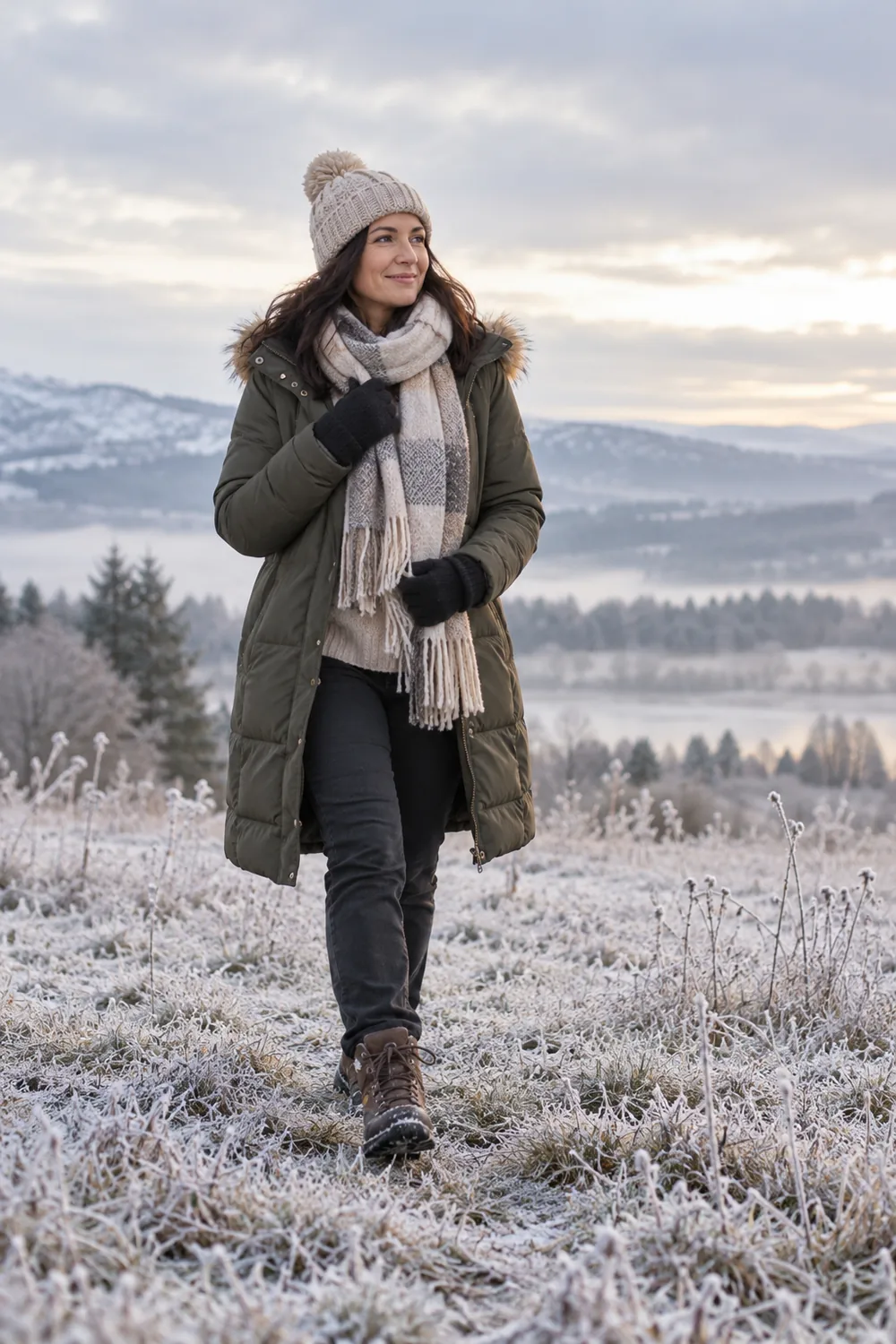 A woman in a beanie, long insulated coat, scarf, gloves, and boots walks through a frost-covered meadow with a softly blurred wintry landscape behind her.
