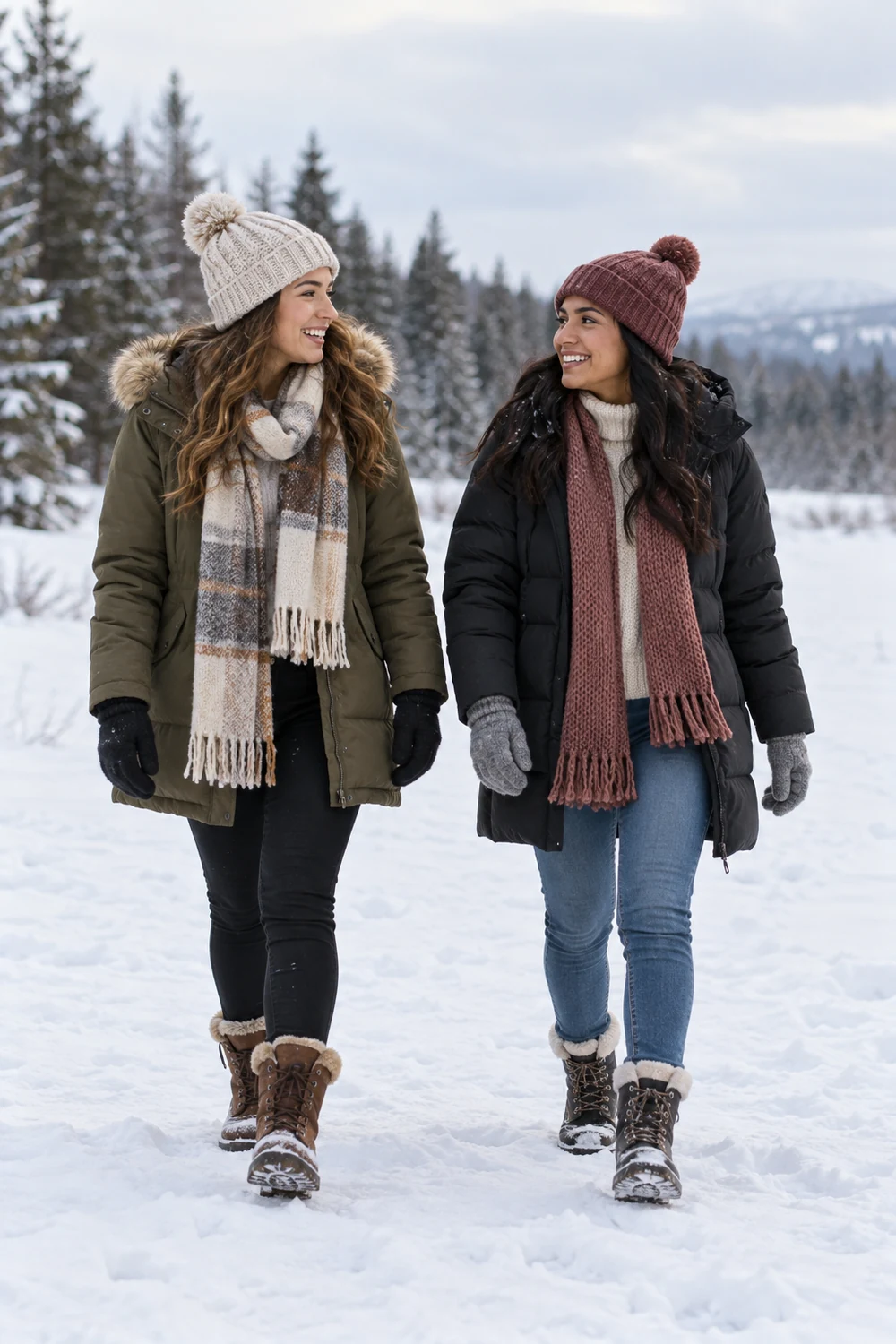 Two adult friends in winter coats, knit hats, scarves, gloves, and boots walking together across a snowy clearing.