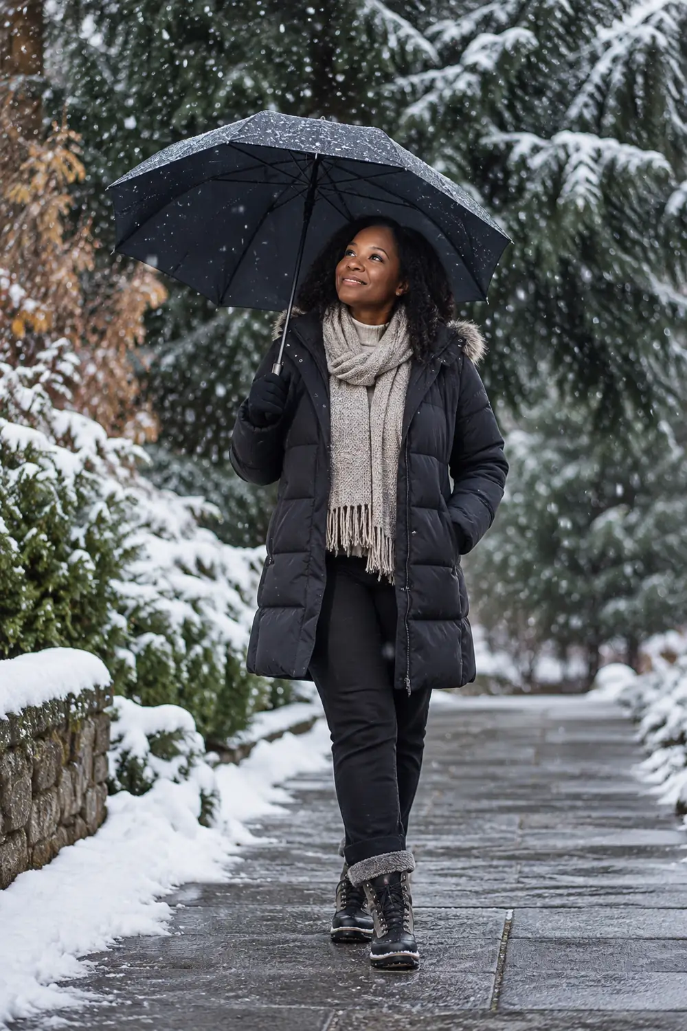 A dark-skinned woman in a winter coat and scarf holds a plain umbrella on a cleared snowy path, looking upward as snow falls among evergreens.